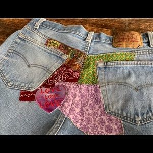 Levi’s patchwork cut off love patch Jean denim shorts upcycled
